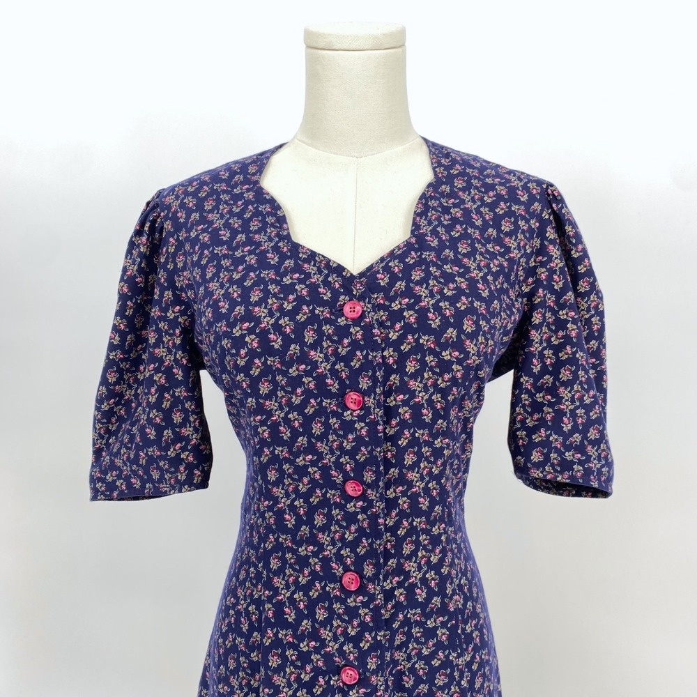 Vintage Navy Blue Pink Floral Midi Dress S Cottage Prairie Button Puff Sleeve - Picture 12 of 15